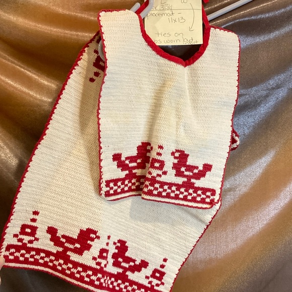 Handmade Red and White Crochet Bibplacemat set with ducks 1940's